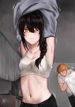  1boy 1girl absurdres asarizer bed_sheet black_hair bookshelf bra braid breasts chainsaw_man clenched_teeth commentary curtains denji_(chainsaw_man) frown hair_over_one_eye hair_over_shoulder highres holding holding_sheet navel nayuta_(chainsaw_man) orange_eyes orange_hair ringed_eyes signature single_braid small_breasts sweat teeth television underwear undressing upper_body white_bra 