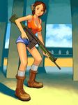  artist_request battle_rifle boots breasts brown_eyes brown_hair copyright_request gun h&amp;k_g3 large_breasts rifle short_hair shorts socks solo tank_top weapon 