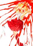  1girl absurdres blonde_hair blood blood_on_face blood_splatter cowboy_shot flandre_scarlet frills highres medium_hair red_eyes red_skirt red_thighhighs side_ponytail simple_background skirt smile solo thighhighs touhou wan495 white_background 