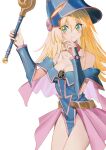  1girl blonde_hair closed_mouth dark_magician_girl green_eyes hat highres holding holding_wand long_hair looking_at_viewer simple_background smile solo wand white_background witch_hat yamamura_saki yu-gi-oh! 