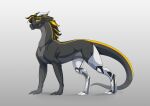 cybernetic_leg cybernetic_limb dragon eamart female feral grey_body hair horn long_tail looking_at_viewer quadruped rhea_omorfia side_view solo tail wingless_dragon yellow_eyes