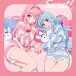  2girls blue_hair blush commission food hair_ribbon heart highres holding holding_spoon holding_stuffed_toy ice_cream kotonoha_akane kotonoha_aoi long_hair lying moya_(toatomoot) multiple_girls on_back one_eye_closed pajamas pink_hair red_eyes ribbon shorts siblings sisters skeb_commission smile spoon striped_clothes striped_pajamas stuffed_animal stuffed_rabbit stuffed_toy thighs voiceroid 