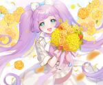  1girl :d ahoge blue_eyes bouquet bow commentary_request cowboy_shot dress falling_petals floral_background flower from_above hair_bow holding holding_bouquet long_hair looking_at_viewer looking_up manaka_laala nanceee_305 open_mouth orange_flower orange_rose petals pretty_series pripara purple_hair rose smile solo standing twintails very_long_hair white_bow white_dress yellow_flower 