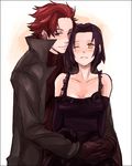  1girl baccano! bad_id bad_pixiv_id black_hair brown_eyes chane_laforet claire_stanfield couple elbow_gloves gloves hetero hug one_eye_closed red_hair sudachips yellow_eyes 