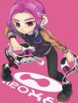  1boy black_footwear black_pants brown_eyes closed_mouth commentary_request dual_wielding earrings full_body gun highres holding holding_gun holding_weapon inkling_(language) jacket jewelry letterman_jacket male_focus medium_hair nastar_r0 octoling_boy octoling_player_character pants pink_background pink_hair print_jacket shoes simple_background solo splatoon_(series) splatoon_3 standing tentacle_hair tetra_dualies_(splatoon) thick_eyebrows weapon 