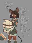  1girl absurdres artist_name black_hair blush book bumblesteak dark-skinned_female dark_skin glasses gloves green_eyes grey_background highres long_hair looking_at_viewer mouse_girl mouse_tail nervous_sweating nose olive_(bumblesteak) open_mouth original simple_background solo sweat tail 