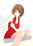  arm_across_waist artist_name brown_eyes brown_hair cyprus dress looking_at_viewer meiko outstretched_arm red_dress short_hair sitting solo vocaloid white_background 