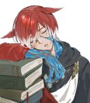 1boy animal_ears book book_stack cat_ears closed_eyes crystal_exarch facing_viewer final_fantasy final_fantasy_xiv g&#039;raha_tia head_tilt highres lumeru_33 male_focus multicolored_hair parted_lips red_hair simple_background sleeping solo two-tone_hair upper_body white_background white_hair 