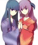  bangs blue_hair blunt_bangs blush emi_(emi43) furude_rika hanyuu higurashi_no_naku_koro_ni holding interlocked_fingers japanese_clothes kimono long_hair long_sleeves looking_at_viewer multiple_girls purple_eyes purple_hair simple_background smile very_long_hair white_background wide_sleeves 