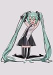  1girl absurdres armpits black_necktie black_skirt black_thighhighs fang full_body green_eyes green_hair hatsune_miku highres long_hair necktie open_mouth saaal653 shirt simple_background skin_fang skirt solo thighhighs twintails vocaloid white_background white_shirt zettai_ryouiki 