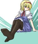  alice_margatroid blonde_hair blush capelet dress dress_lift feet hairband izana_minagi lowres pantyhose short_hair solo touhou 