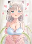  1girl @_@ akino_ell animal_ear_fluff animal_ears bare_shoulders blue_eyes blush breasts cat_ears cat_girl cat_tail cat_teaser cleavage collarbone commentary_request extra_ears fang grey_hair hair_ornament hairclip heart highres jacket large_breasts looking_at_viewer navel off_shoulder open_clothes open_jacket open_mouth original pink_jacket solo stomach sweat tail 