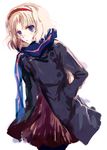  alice_margatroid alternate_costume bangs blonde_hair blue_eyes cowboy_shot hairband leaning_forward long_sleeves looking_at_viewer nokishita pantyhose scarf short_hair simple_background solo standing touhou white_background 