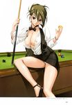  8-ball artbook ball billiards bow bowtie breasts brown_eyes cleavage copyright_request cue_ball cue_stick happoubi_jin high_heels highres large_breasts nipple_slip nipples no_bra open_clothes open_shirt panties pencil_skirt red_eyes scan shirt shoes short_hair sitting skirt solo thighs underwear 