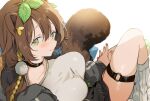  1girl animal_ears bell blush breasts brown_hair choker closed_eyes commission hair_ornament honda_poko indie_virtual_youtuber jacket large_breasts leaf leaf_on_head leg_warmers looking_at_viewer neck_bell nonoyama open_clothes open_jacket raccoon_ears raccoon_girl raccoon_tail shirt simple_background skeb_commission solo tail thigh_strap virtual_youtuber yellow_eyes 