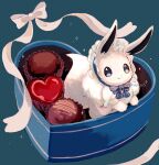  absurdres alternate_color animal_focus aqua_background artist_name blue_bow blue_bowtie blue_eyes bow bowtie box box_of_chocolates candy chocolate closed_mouth eevee food heart heart-shaped_chocolate highres looking_at_viewer mane no_humans pokemon pokemon_(creature) ribbon shiny_pokemon simple_background smile sparkle su_(sajo_su5) twitter_username white_fur white_ribbon 