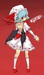 artist_request back backless_dress backless_outfit bat_wings blue_hair dress from_behind full_body hat hat_ribbon kneehighs long_sleeves mob_cap pointy_ears red red_background red_eyes red_footwear red_ribbon remilia_scarlet ribbon shoes solo standing touhou white_legwear wings 