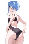 1girl absurdres adjusting_clothes adjusting_swimsuit alternate_costume ass asymmetrical_hair back backless_swimsuit black_one-piece_swimsuit blue_eyes blue_hair blush breasts closed_mouth cowboy_shot embarrassed fawny from_behind highres hololive hoshimachi_suisei light_blue_hair looking_at_viewer looking_back medium_hair one-piece_swimsuit side_ponytail simple_background small_breasts solo standing star_(symbol) star_in_eye swimsuit symbol_in_eye virtual_youtuber white_background 
