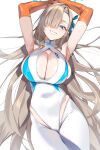  1girl armpits arms_up asuna_(blue_archive) blue_archive blue_eyes blue_ribbon breasts cameltoe cleavage cleavage_cutout clothing_cutout commentary covered_navel elbow_gloves gloves grin hair_over_one_eye hair_ribbon halo highleg highleg_leotard highres leotard long_hair looking_at_viewer mole mole_on_breast orange_gloves pinkmill ribbon simple_background skindentation smile solo very_long_hair white_background white_leotard 