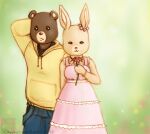 abstract_background aged_up anthro bear bobby_(maple_town) cappuccinobird clothing dress duo female flower hoodie lagomorph leporid male mammal maple_town patty_(maple_town) plant rabbit topwear