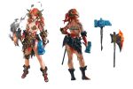  1girl absurdres armor axe battle_axe blue_eyes boots breasts demon_girl dumbbell fire full_body fur_trim hammer highres holding holding_axe horns large_breasts long_hair multiple_views muscular muscular_female orange_hair original pasties red_hair reference_sheet scar simple_background tattoo toeless_footwear vergilhoo weapon white_background 