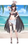  1girl absurdres andamiro arm_strap arm_up bare_shoulders beach bikini black_bikini black_hair blue_archive blush breasts day full_body hair_ornament halo hand_in_own_hair hand_on_own_hip highres jewelry korean_commentary large_breasts long_hair looking_at_viewer navel necklace ocean outdoors parted_lips red_eyes rio_(blue_archive) smile solo standing stomach swimsuit thigh_strap toes water 