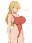  1girl absurdres blonde_hair blue_eyes blush breasts charlotte_e._yeager cleavage commentary_request covered_navel dated highres large_breasts long_hair looking_at_viewer one-piece_swimsuit red_one-piece_swimsuit signature simple_background solo strike_witches swimsuit unkai_daraku white_background world_witches_series 