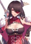  1girl beidou_(genshin_impact) breasts brown_hair china_dress chinese_clothes colored_eyepatch dress eyepatch fingerless_gloves genshin_impact gloves large_breasts long_hair looking_at_viewer pnatsu red_dress red_eyes simple_background solo very_long_hair white_background 