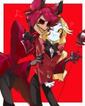  1boy 1girl alastor_(hazbin_hotel) black_hair blonde_hair bow bowtie cane charlie_morningstar clenched_hand colored_sclera commentary_request formal grin hazbin_hotel highres holding holding_cane honeko_06 long_hair multicolored_hair one_eye_closed pale_skin red_background red_eyes red_hair red_sclera sharp_teeth short_hair smile suit teeth 