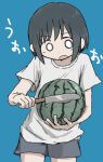  1girl biting black_hair blue_background commentary_request cowboy_shot creature grey_shorts holding holding_knife holding_watermelon kitchen_knife knife looking_at_food looking_down no_sclera open_mouth original shirt short_hair short_shorts short_sleeves shorts simple_background solo standing surprised t-shirt umi_ha_kirai v-shaped_eyebrows white_eyes white_shirt wide-eyed 