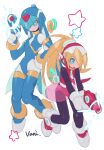  2girls artist_name black_bodysuit blonde_hair blue_eyes blue_leotard bodysuit ciel_(mega_man) fairy_leviathan_(mega_man) gun helmet high_ponytail highres holding holding_gun holding_weapon leotard long_hair mega_man_(series) mega_man_zero_(series) multiple_girls necktie pink_leotard vani_(hisha_04) weapon white_bodysuit 