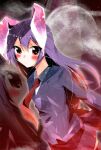  1girl animal_ears black_thighhighs blazer blue_jacket blush collared_shirt commentary_request expressionless eye_trail floating_hair floppy_ears hair_between_eyes hakobako jacket light_trail long_hair looking_at_viewer moon necktie night night_sky purple_hair rabbit_ears red_eyes red_necktie reisen_udongein_inaba shirt skirt sky solo star_(sky) thighhighs touhou upper_body very_long_hair white_shirt 