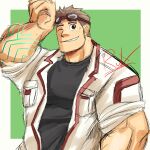  1boy bara body_markings brown_hair clenched_hand goggles goggles_on_head hand_up highres kajiya_kurogane large_pectorals looking_at_viewer male_focus muscular muscular_male open_jumpsuit pectorals ruvkun short_hair solo thick_eyebrows tokyo_afterschool_summoners unfinished upper_body 