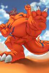 2022 3_fingers 3_toes absurd_res anthro bandai_namco belly big_belly claws cloud digimon digimon_(species) digital_media_(artwork) dinosaur facial_horn fangs feet feral fingers foot_focus greymon hi_res horn low-angle_view male nose_horn nude open_mouth orange_body overweight overweight_anthro overweight_male pecs reptile scales scalie sky solo steen tail teeth thick_tail thick_thighs toes