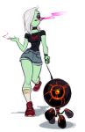 2018 alien alien_humanoid biped bottomwear bracelet breasts choker cigarette clothed clothing disney eyebrows eyeshadow female footwear freckles green_body green_skin hair hair_over_eye half-closed_eyes hi_res humanoid humanoid_pointy_ears jewelry leash long_hair lord_dominator machine makeup narrowed_eyes necklace noseless not_furry one_eye_obstructed pink_sclera polochkaa robot shoes shorts simple_background smoking socks topwear wander_over_yonder white_background white_hair