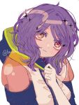  1girl bad_hands breasts closed_mouth covered_collarbone elbow_gloves eyes_visible_through_hair gina_(gnosia) gloves gnosia han_(hn-khk) highres hood hoodie long_hair looking_at_viewer purple_hair simple_background solo turtle wavy_hair white_background 