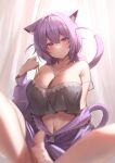  1girl animal_ears bare_shoulders barefoot blurry breasts camisole cat_ears cat_girl cat_tail cleavage closed_mouth collarbone commentary_request crop_top crop_top_overhang depth_of_field double_strap_slip feet grey_camisole hair_between_eyes highres hololive jacket large_breasts long_sleeves looking_at_viewer menmen_(menmen13s) navel nekomata_okayu nekomata_okayu_(7th_costume) off_shoulder official_alternate_costume partially_unzipped puffy_long_sleeves puffy_sleeves purple_eyes purple_hair purple_jacket short_hair smile solo stomach strap_pull tail virtual_youtuber zipper_pull_tab 