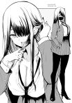  1girl artist_name breasts cleavage commentary_request dated full_body grey_background greyscale hair_over_one_eye highres kichihachi large_breasts long_hair looking_at_viewer mask monochrome mouth_mask necktie open_mouth original shirt shoes skirt solo standing tongue tongue_out two-tone_background white_background 
