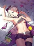  1girl aa-12_(girls&#039;_frontline) absurdres bandaid bandaid_on_face bandaid_on_forehead black_shorts black_thighhighs blue_eyes candy crop_top food girls&#039;_frontline hair_ornament hat highres holding holding_candy holding_food holding_lollipop jacket kalina_(girls&#039;_frontline) lollipop lying multicolored_clothes multicolored_jacket navel partially_unzipped purple_jacket s_bokdong short_shorts shorts single_thighhigh solo star_(symbol) star_hair_ornament thighhighs two-tone_jacket unworn_jacket white_hair white_jacket 