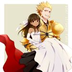  1boy 1girl armor blonde_hair border bow brown_eyes brown_hair carrying carrying_person closed_mouth copyright_name dark-skinned_female dark_skin dress earrings elbow_gloves expressionless fate/strange_fake fate_(series) gilgamesh_(fate) gloves gold_armor grin hair_bow hair_slicked_back hanakuma jewelry looking_at_viewer medium_hair off-shoulder_dress off_shoulder pauldrons red_eyes short_hair shoulder_armor simple_background sleeveless sleeveless_dress smile spiked_hair tine_chelc white_border white_bow white_dress white_gloves 