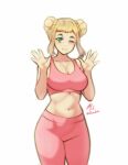  blonde_hair breasts double_bun fire_emblem fire_emblem_heroes green_eyes hair_bun henriette_(fire_emblem) highres large_breasts midriff navel pants pink_sports_bra rotomdocs short_bangs sidelocks sports_bra sportswear yoga_pants 