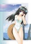  artist_name black_hair blue_eyes breasts copyright_request flower hair_flower hair_ornament hat kimizuka_aoi long_hair looking_at_viewer medium_breasts one-piece_swimsuit palm_tree photo_background sky solo straw_hat sun_hat swimsuit thigh_gap tree white_swimsuit 