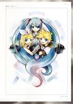  2girls blonde_hair blue_eyes detached_sleeves hatsune_miku headphones highres kagamine_len kagamine_rin kei_(keigarou) long_hair microphone multiple_girls ribbon short_hair translated twintails vocaloid 