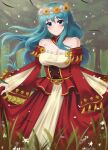  1girl aqua_eyes aqua_hair artist_name bare_shoulders breasts cleavage closed_mouth doiparuni dress eirika_(fire_emblem) eirika_(valentine)_(fire_emblem) english_commentary fire_emblem fire_emblem:_the_sacred_stones fire_emblem_heroes flower grass hair_flower hair_ornament highres long_hair long_sleeves looking_at_viewer official_alternate_costume outdoors red_dress sidelocks skirt_hold smile solo tree wide_sleeves 