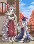  absurdly_long_hair blue_dress blue_sky bow carrying cloud day dress frilled_dress frills fujiwara_no_mokou hair_bow hat kamishirasawa_keine kneeling long_hair looking_at_another multiple_girls open_mouth railing red_eyes scroll silver_hair sky socks standing tatami touhou very_long_hair white_hair white_legwear yuki_shuuka 