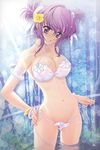  absurdres bikini breasts cleavage copyright_request flower highres large_breasts mouth_hold purple_eyes purple_hair scan see-through side-tie_bikini solo standing sugiyama_genshou swimsuit undressing water 