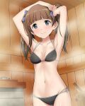  1girl armpits bikini black_bikini blue_eyes blush bow brave_witches breasts brown_hair closed_mouth collarbone georgette_lemare hair_bow indoors long_hair navel non-web_source official_art sauna small_breasts smile solo sweat swimsuit twintails world_witches_series 