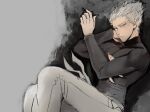  1boy bad_id bad_pixiv_id black_eyes closed_mouth garou_(one-punch_man) grey_hair long_sleeves looking_at_viewer male_focus one-punch_man pointy_hair sakishita_senmu solo spiked_hair 