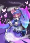  1girl blue_kimono bug butterfly folding_fan frilled_kimono frills hand_fan hat japanese_clothes kimono mob_cap pink_eyes pink_hair saigyouji_yuyuko shee_take solo touhou triangular_headpiece 