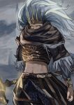  1other absurdres androgynous armor bangle bracelet brown_scarf crown dark_souls_(series) dark_souls_iii gold_armor gold_headwear grey_hair highres jewelry long_hair looking_at_viewer miao_jiangyou midriff nameless_king navel polearm scarf solo spiked_helmet weapon yellow_eyes 